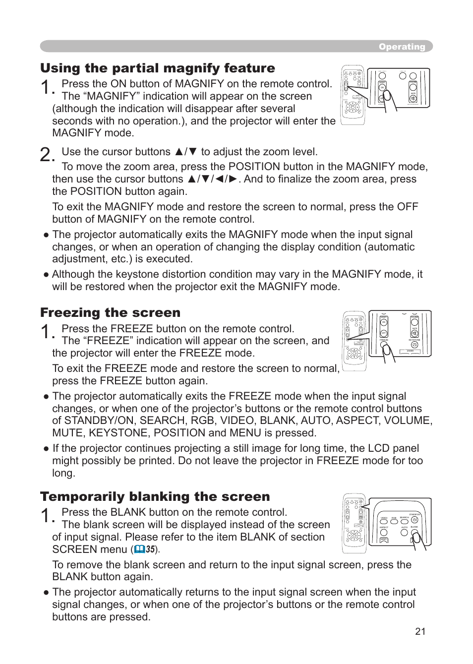 Freezing the screen, Using the partial magnify feature, Temporarily blanking the screen | Operating | 3M Digital Projector X15 User Manual | Page 21 / 55