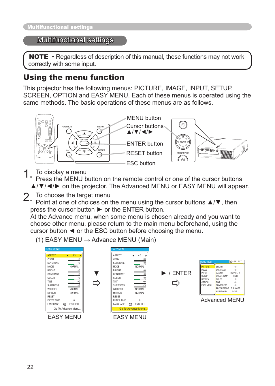 Using the menu function, Enter, Advanced menu | Easy menu, Multifunctional settings | 3M Digital Projector X15 User Manual | Page 22 / 55