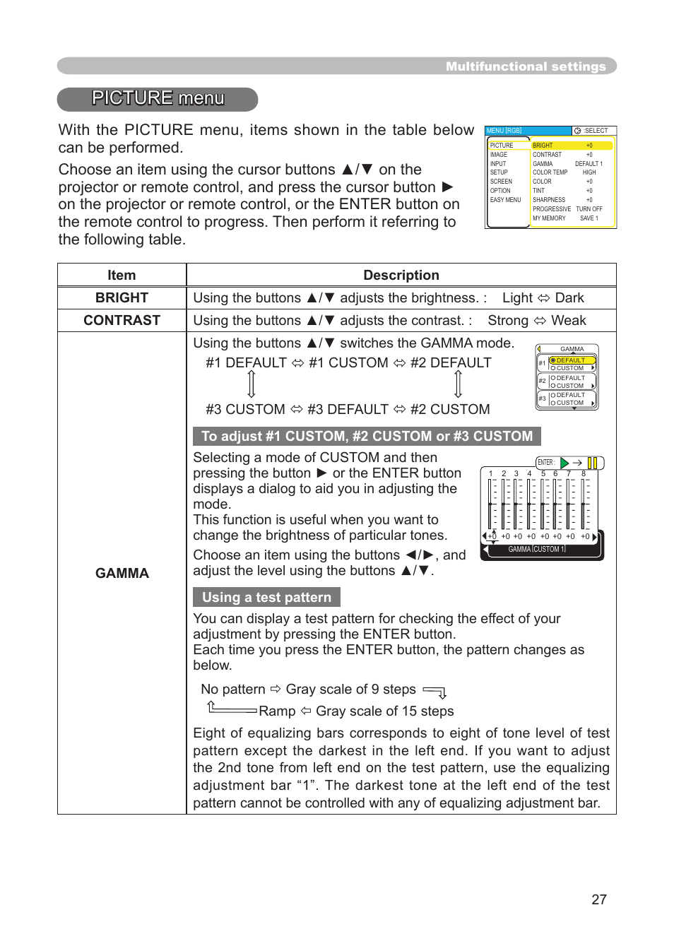 Picture menu | 3M Digital Projector X15 User Manual | Page 27 / 55