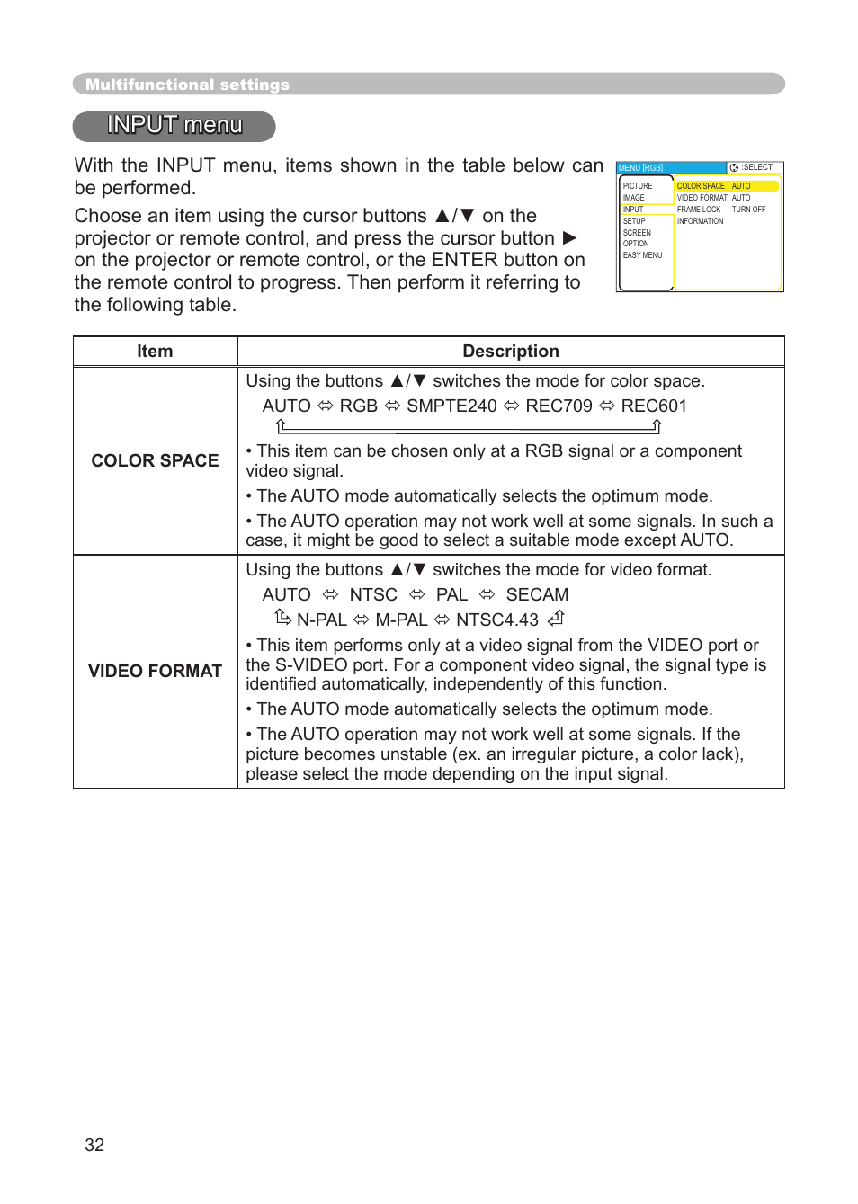 Input menu | 3M Digital Projector X15 User Manual | Page 32 / 55