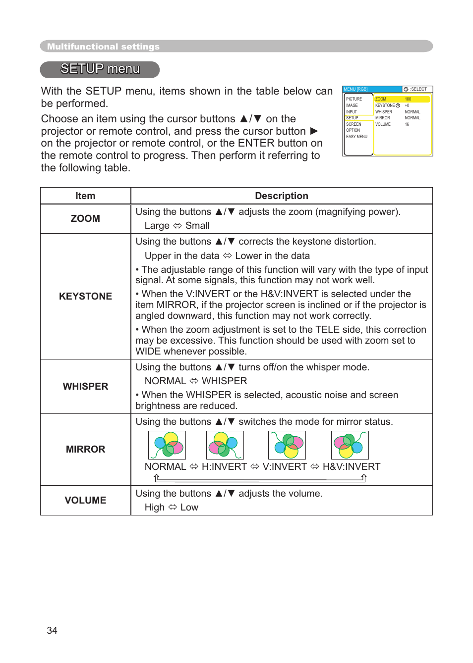 Setup menu | 3M Digital Projector X15 User Manual | Page 34 / 55