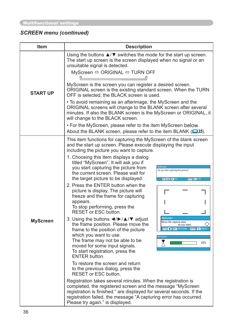 Below, Screen menu (continued) | 3M Digital Projector X15 User Manual | Page 36 / 55