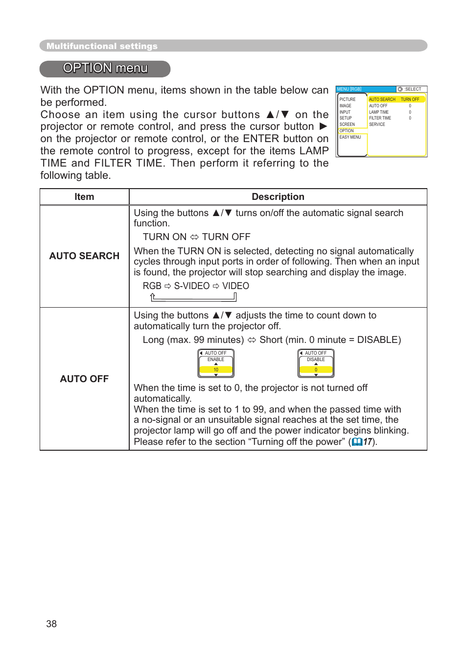 Option menu | 3M Digital Projector X15 User Manual | Page 38 / 55