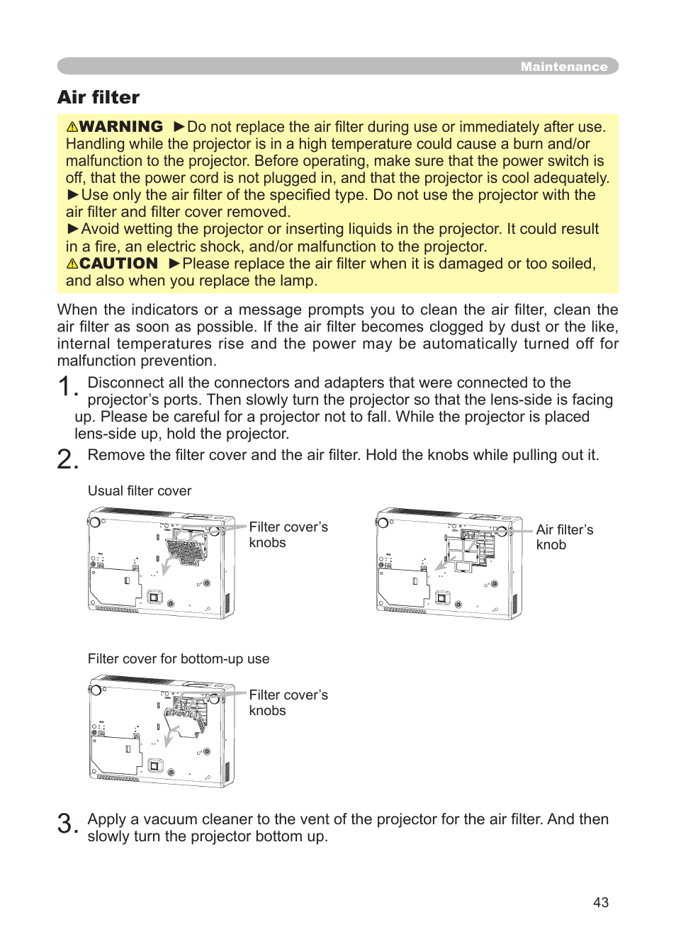 Air ﬁlter | 3M Digital Projector X15 User Manual | Page 43 / 55