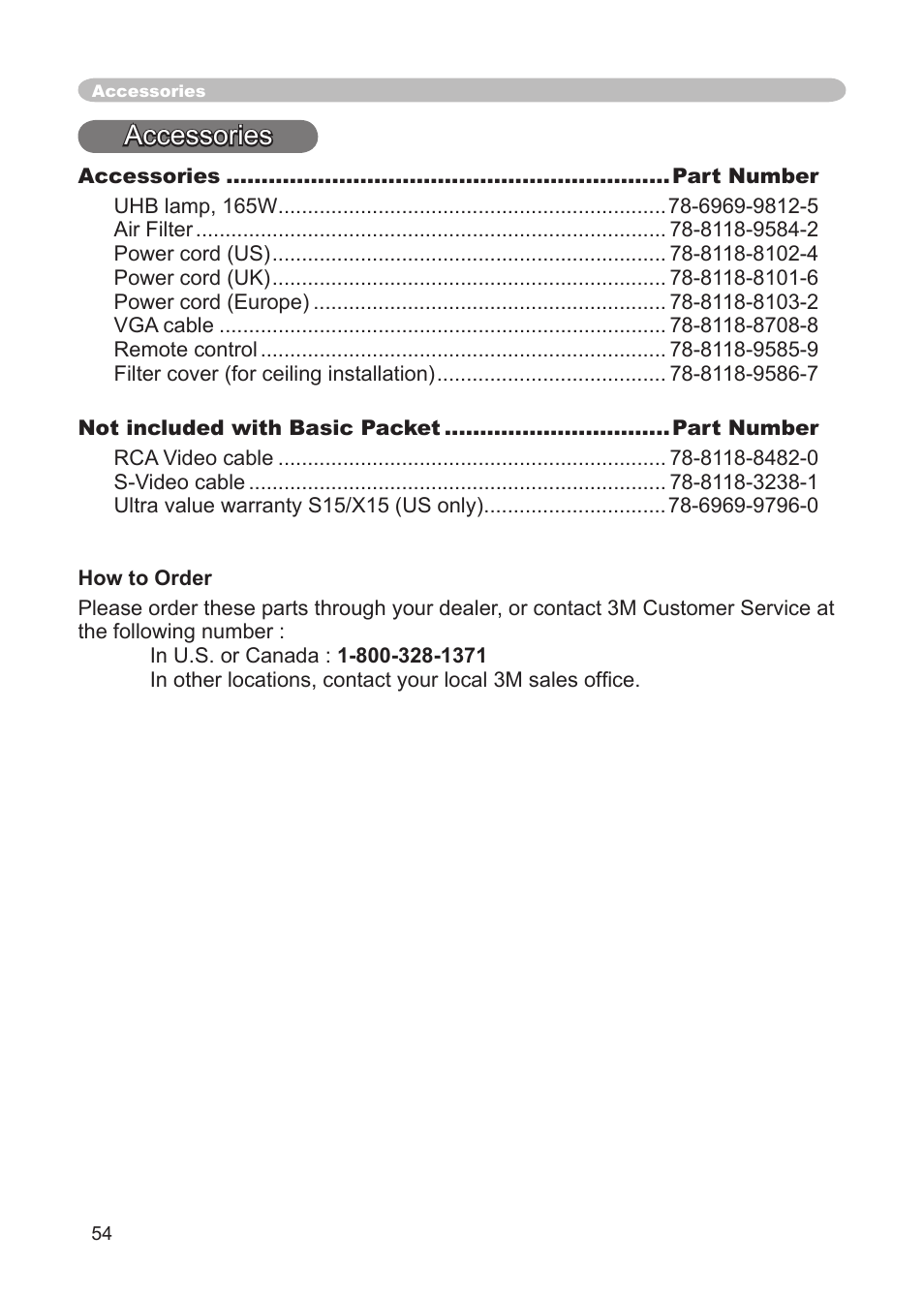 Accessories | 3M Digital Projector X15 User Manual | Page 54 / 55