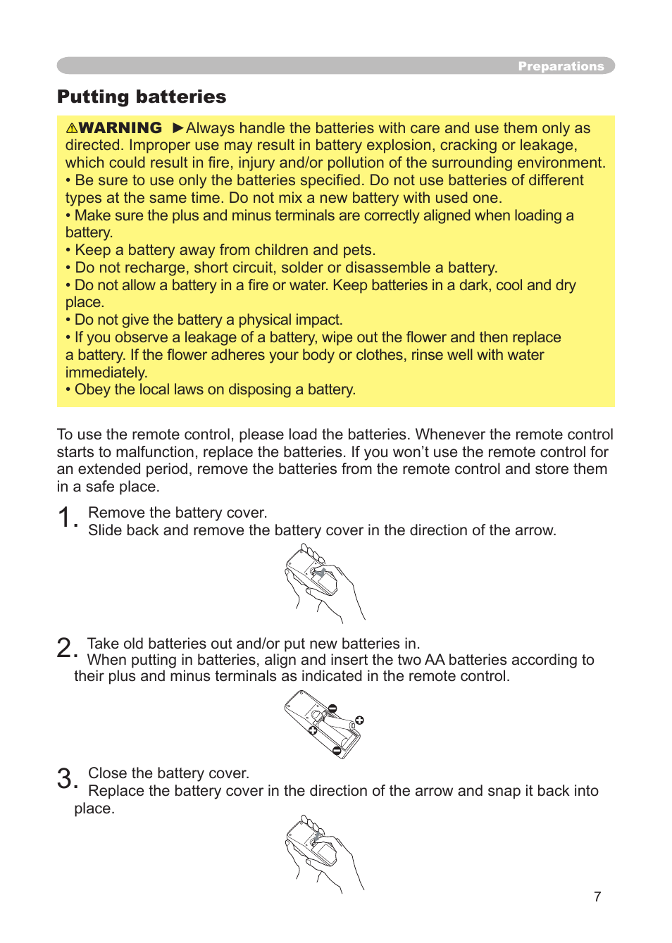 Putting batteries | 3M Digital Projector X15 User Manual | Page 7 / 55