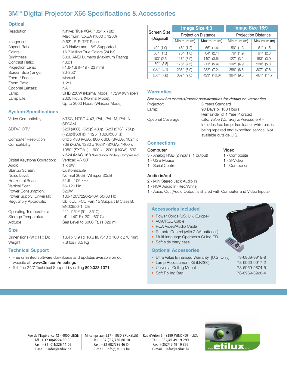 Digital projector x66 specifications & accessories | 3M X66 User Manual | Page 2 / 2