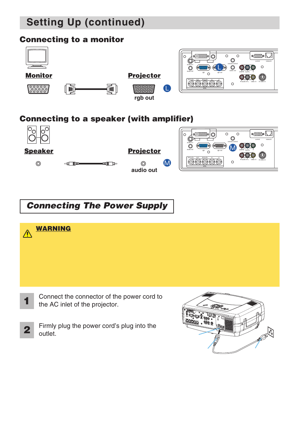 Setting up (continued), Connecting the power supply, Connecting to a monitor | Connecting to a speaker (with amplifier), Monitor projector, Speaker projector, Firmly plug the power cord’s plug into the outlet, Rgb in rgb cable rgb out, Audio in stereo mini cable audio out, Ac inlet connector plug outlet | 3M X70 User Manual | Page 11 / 49