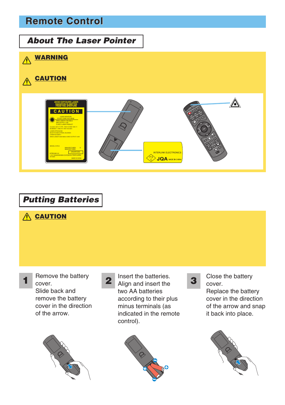 Remote control, About the laser pointer putting batteries | 3M X70 User Manual | Page 12 / 49