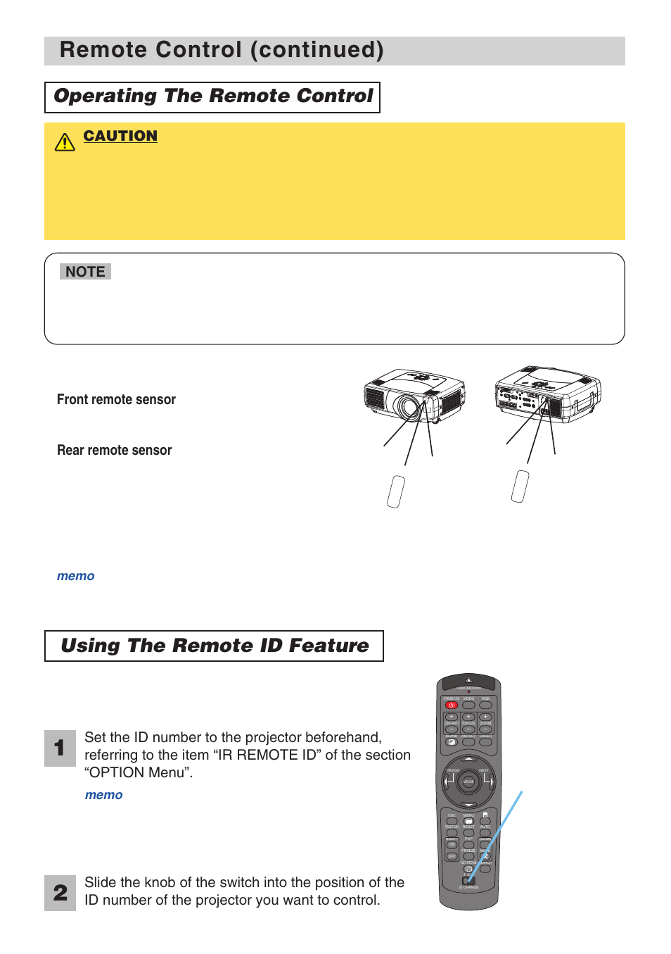 Remote control (continued), Operating the remote control, Using the remote id feature | Id change switch | 3M X70 User Manual | Page 13 / 49