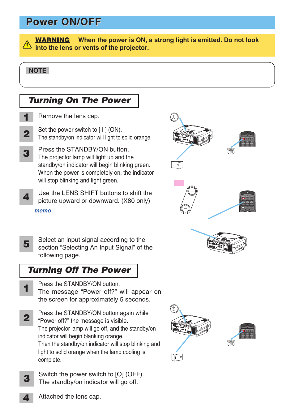 Power on/off, Turning on the power, Turning off the power | Remove the lens cap, Power switch (off position), Standby/on button, Standby/on button / indicator | 3M X70 User Manual | Page 15 / 49