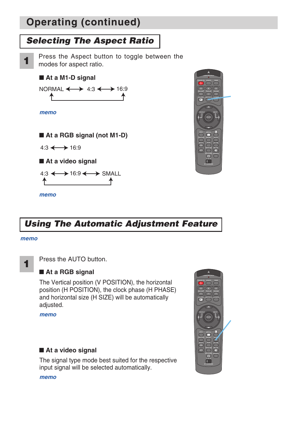 Operating (continued), Selecting the aspect ratio, Using the automatic adjustment feature | Press the auto button | 3M X70 User Manual | Page 17 / 49