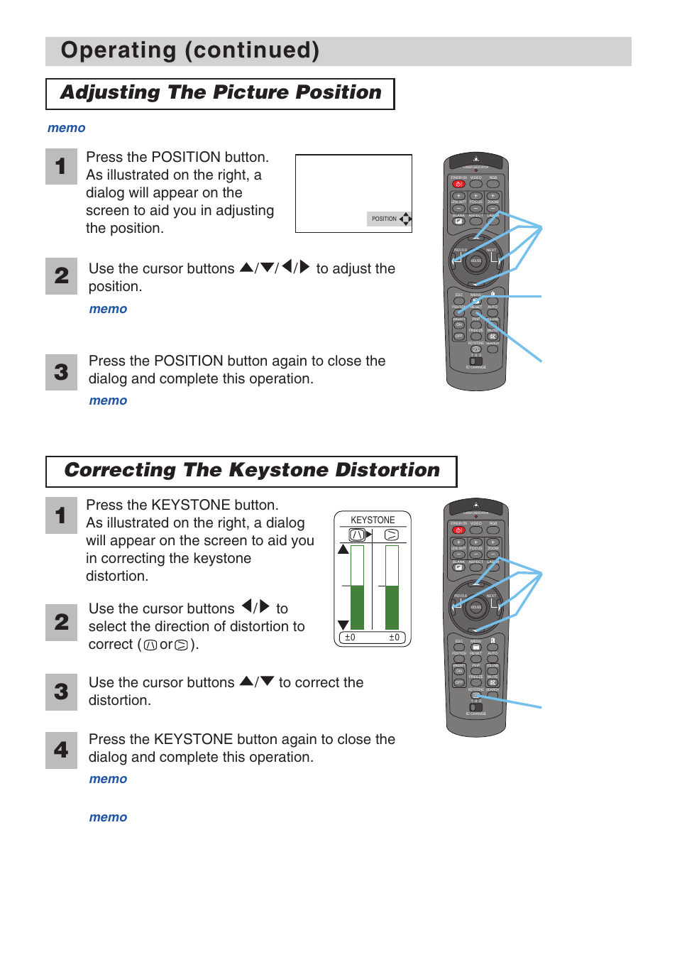 Operating (continued), Adjusting the picture position, Correcting the keystone distortion | Use the cursor buttons / to correct the distortion, This function is available only for rgb signals, Cursor buttons | 3M X70 User Manual | Page 18 / 49