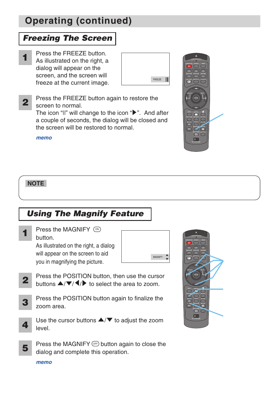 Operating (continued), Freezing the screen, Using the magnify feature | 3M X70 User Manual | Page 20 / 49