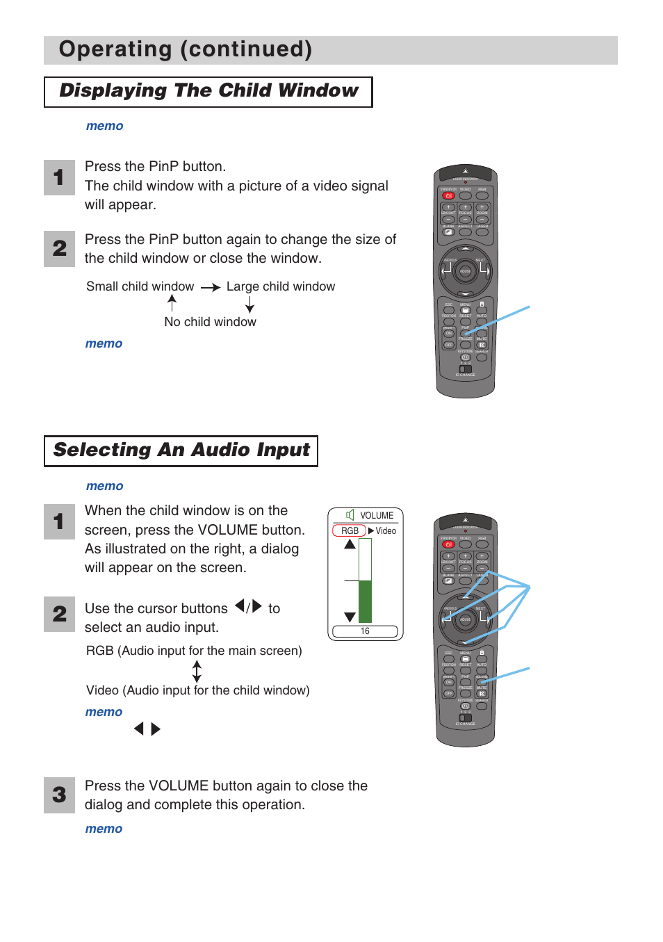 Operating (continued), Displaying the child window, Selecting an audio input | 3M X70 User Manual | Page 21 / 49