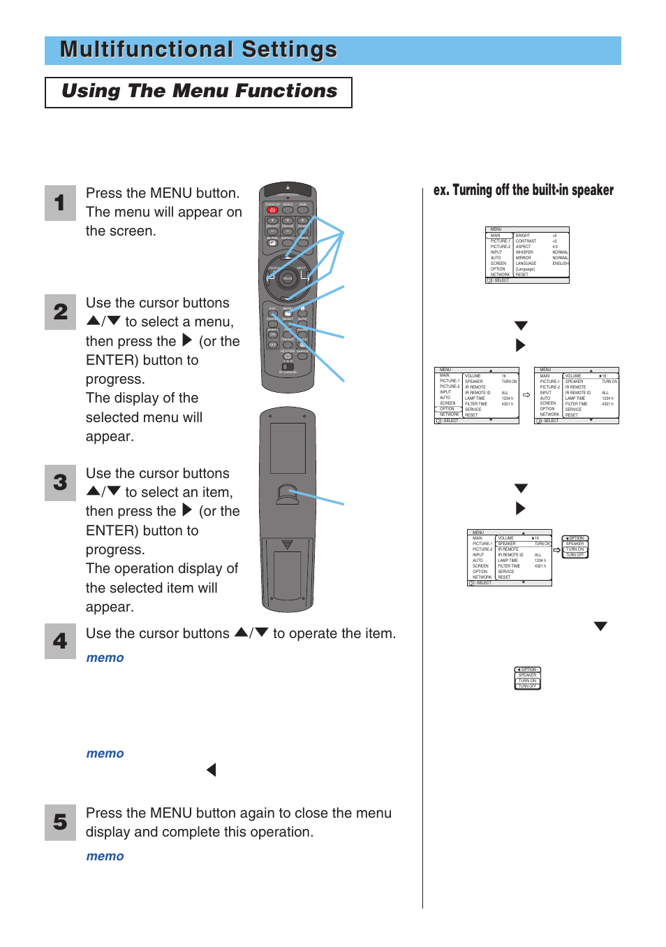 Multifunctional settings, Using the menu functions, Ex. turning off the built-in speaker | 1) press the menu button | 3M X70 User Manual | Page 22 / 49