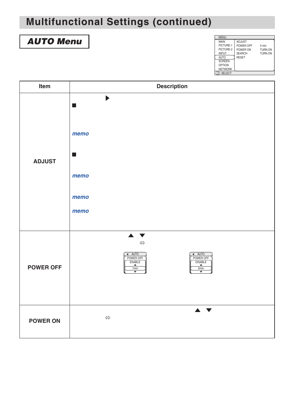 Multifunctional settings (continued), Auto menu | 3M X70 User Manual | Page 29 / 49