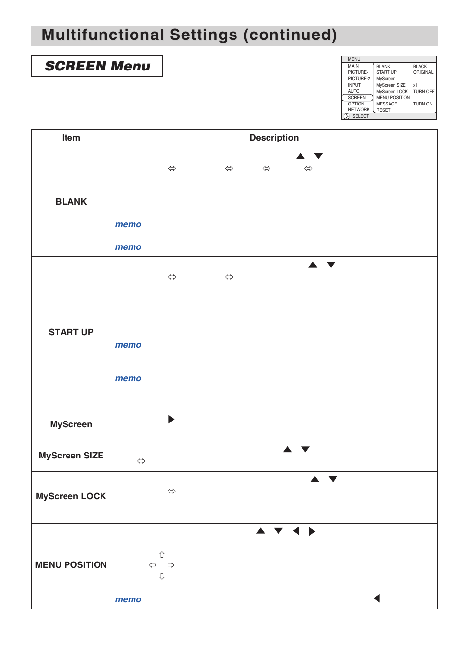 Multifunctional settings (continued), Screen menu | 3M X70 User Manual | Page 31 / 49