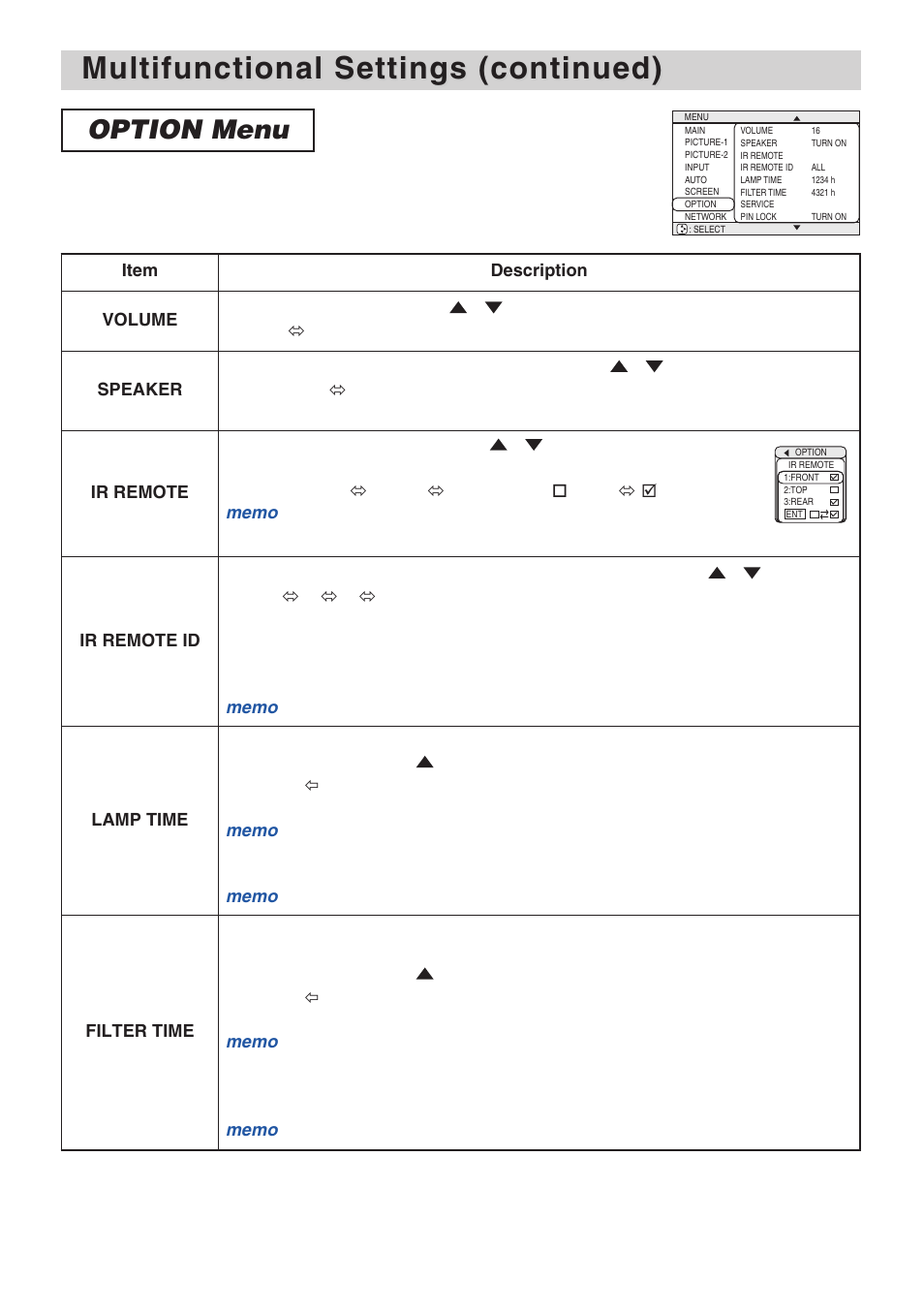 Multifunctional settings (continued), Option menu | 3M X70 User Manual | Page 33 / 49