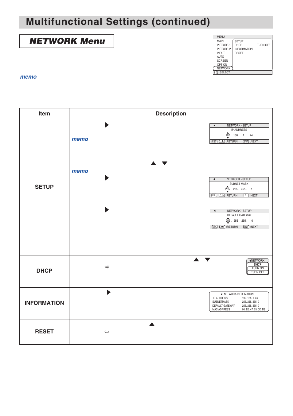 Multifunctional settings (continued), Network menu | 3M X70 User Manual | Page 35 / 49