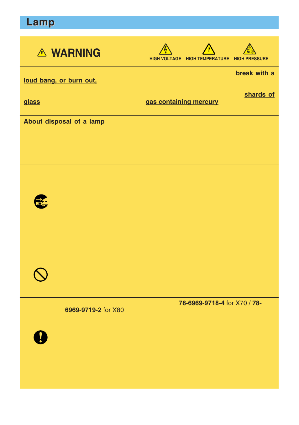 Warning, Lamp | 3M X70 User Manual | Page 37 / 49