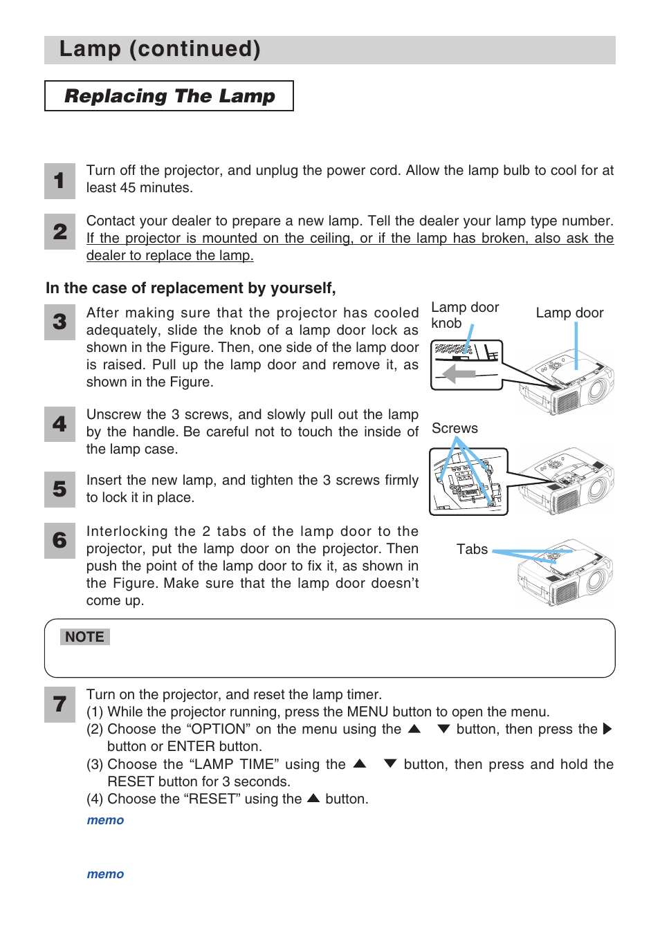 Lamp (continued), Replacing the lamp | 3M X70 User Manual | Page 38 / 49