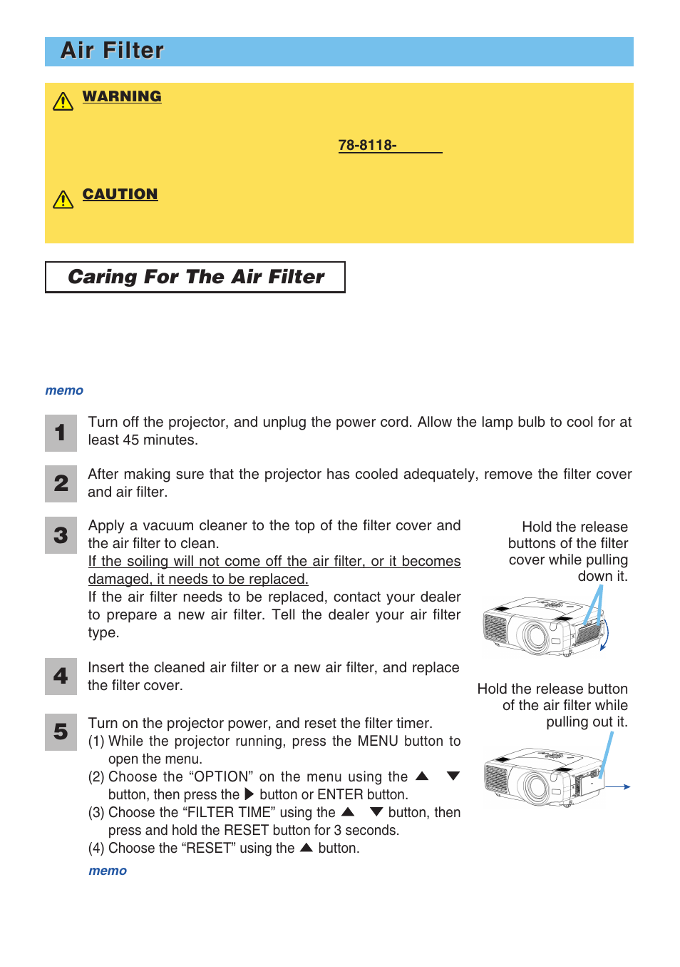 Air filter, Caring for the air filter | 3M X70 User Manual | Page 39 / 49