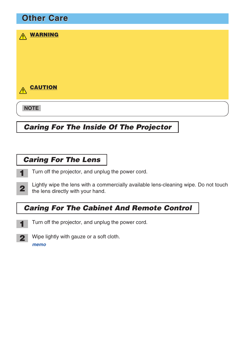 Other care, Caring for the inside of the projector, Caring for the lens | Caring for the cabinet and remote control | 3M X70 User Manual | Page 40 / 49