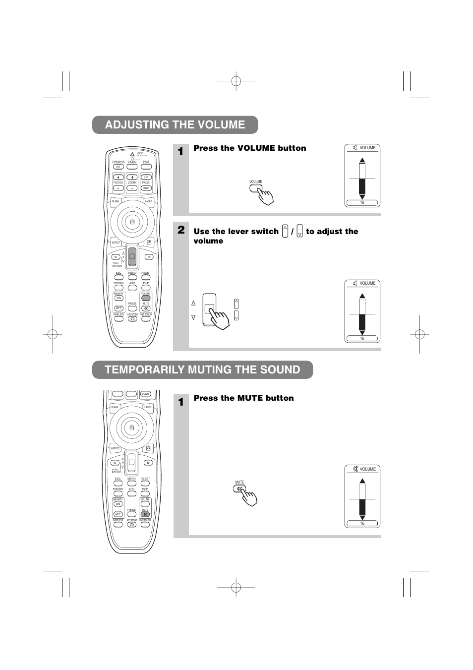 Adjusting the volume temporarily muting the sound, Press the volume button, Press the mute button | Use the lever switch / to adjust the volume | 3M MP8790CN User Manual | Page 19 / 44