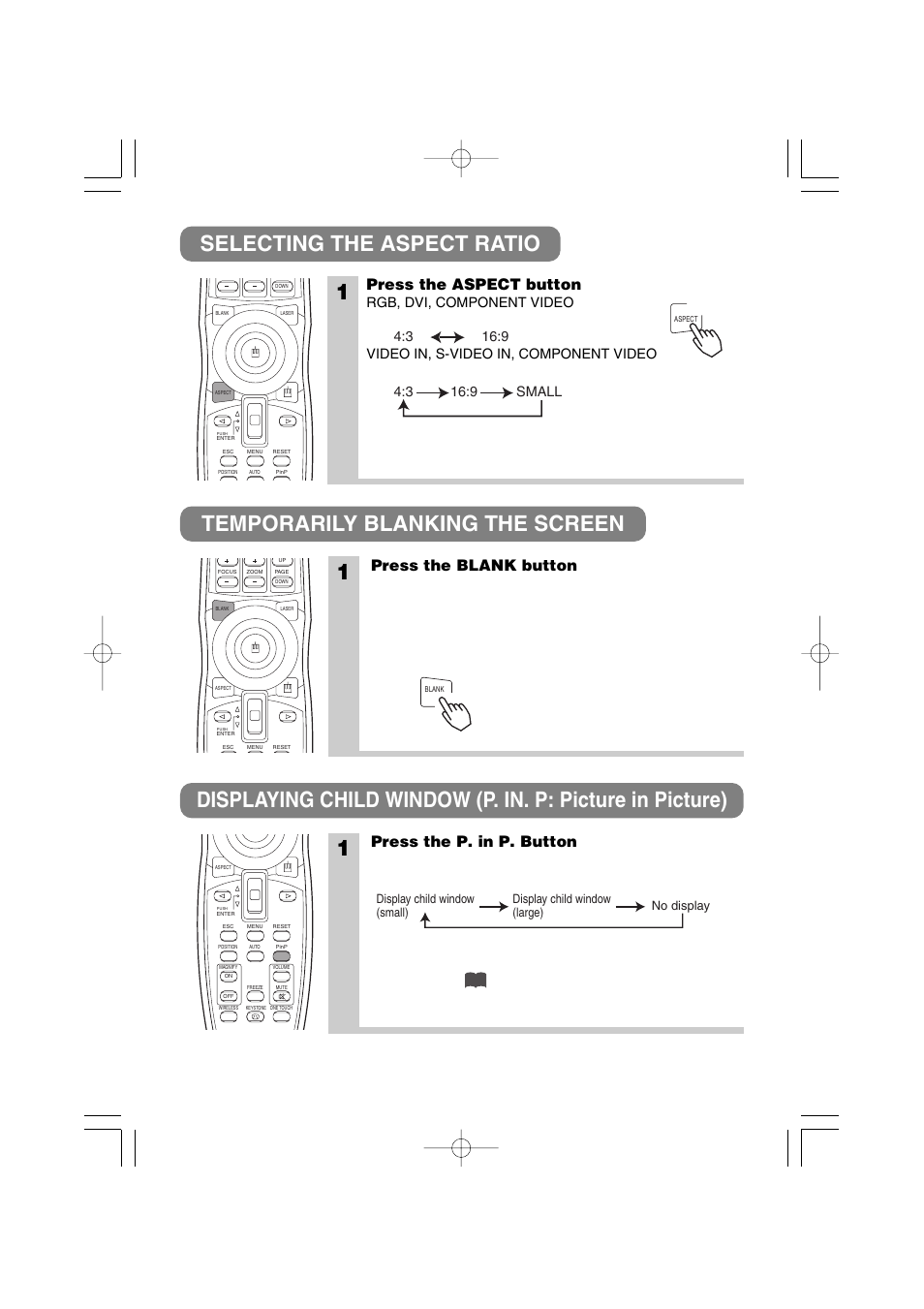 Press the aspect button, Press the blank button, Press the p. in p. button | 3M MP8790CN User Manual | Page 25 / 44