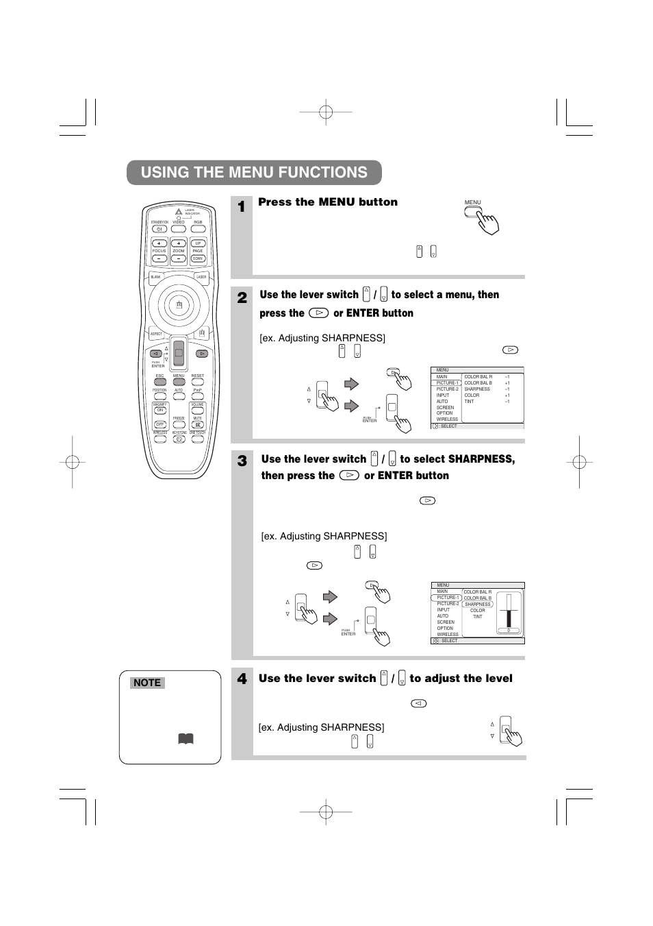 Using the menu functions 1, Press the menu button, Use the lever switch / to adjust the level | 3M MP8790CN User Manual | Page 26 / 44