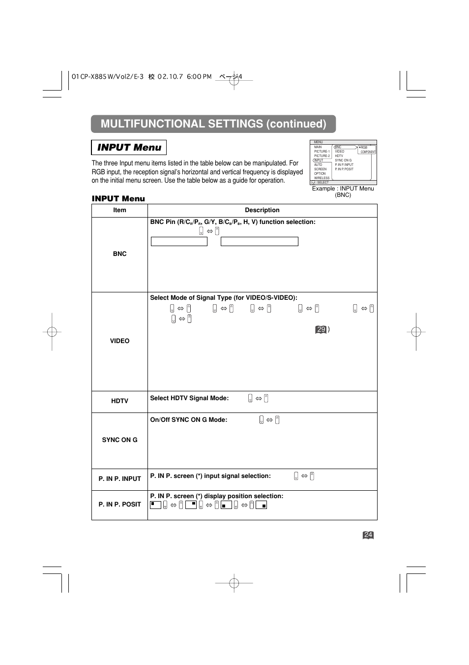 Multifunctional settings (continued), Input menu | 3M MP8790CN User Manual | Page 29 / 44