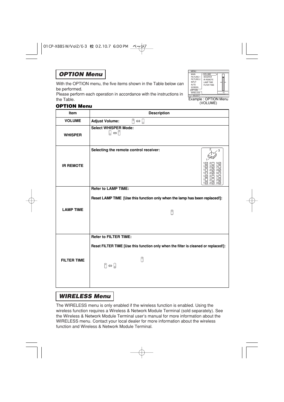 Option menu, Wireless menu | 3M MP8790CN User Manual | Page 32 / 44