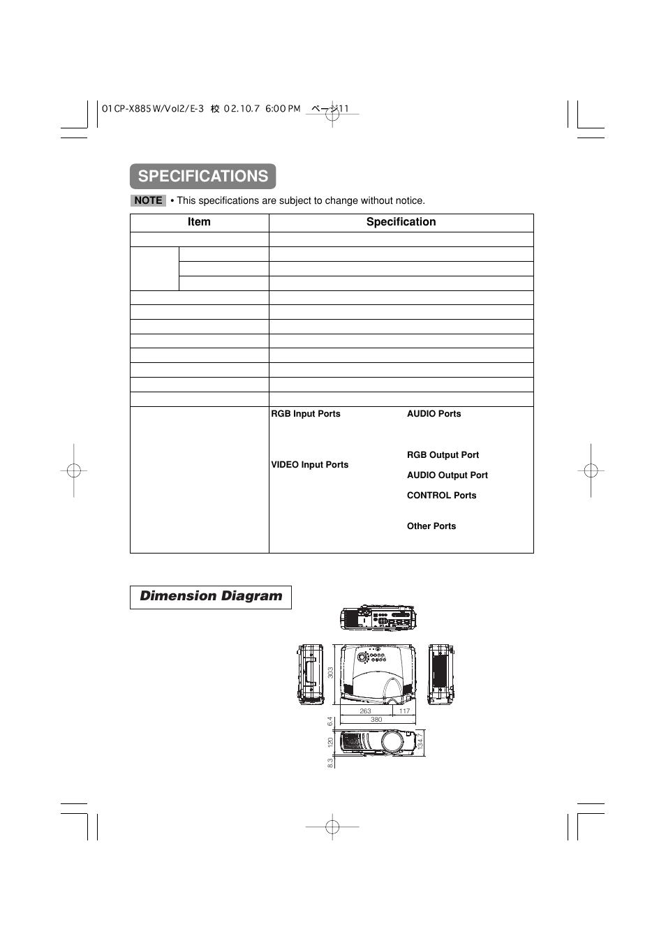 Specifications, Dimension diagram, 41 item specification | 3M MP8790CN User Manual | Page 42 / 44