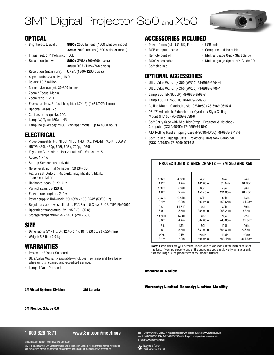 Digital projector s50, Optical, Electrical | Size, Warranties, Accessories included, Optional accessories | 3M X50 User Manual | Page 2 / 2