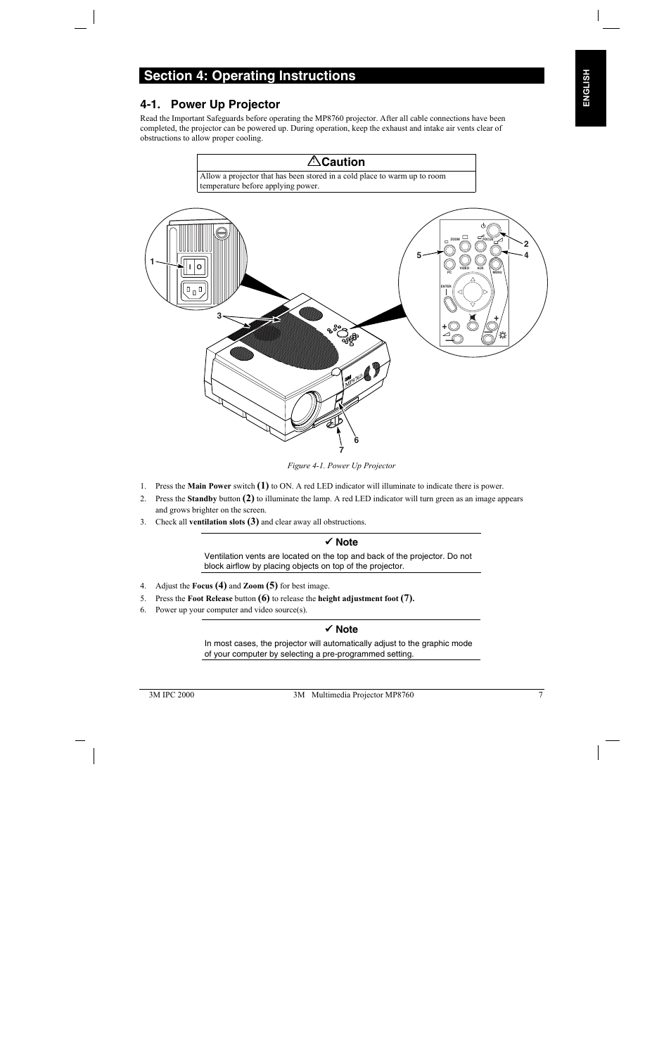 Section 4: operating instructions, 1. power up projector, 1. p | Ower, Rojector, Caution | 3M MP8760 User Manual | Page 12 / 35
