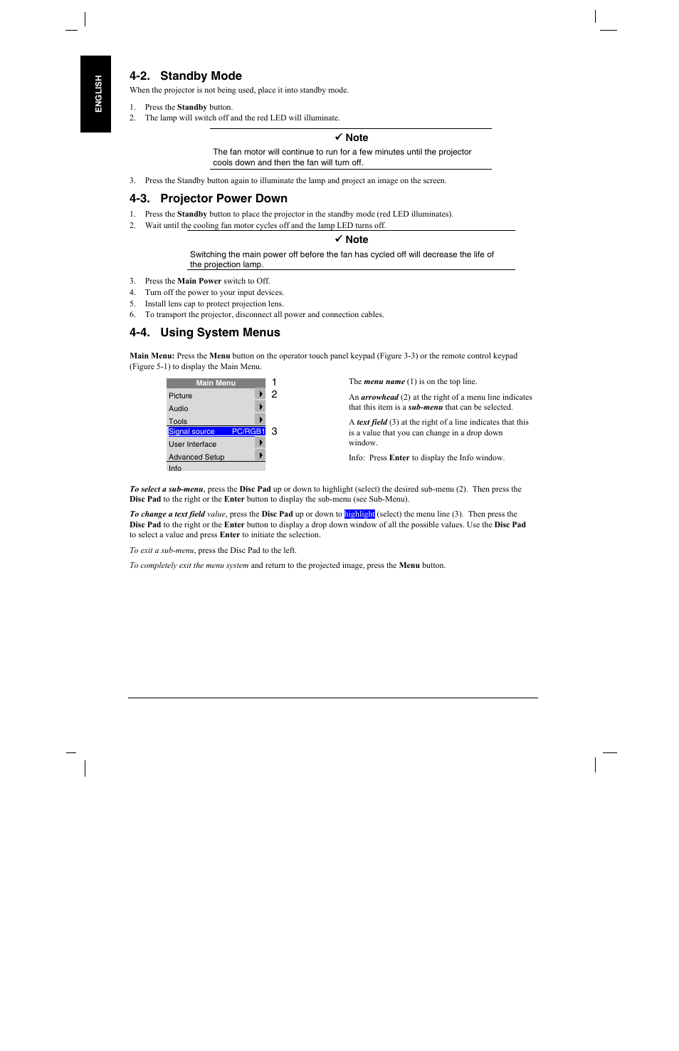 2. standby mode, 3. projector power down, 4. using system menus | 2. s, Tandby, 3. p, Rojector, Ower, 4. u, Sing | 3M MP8760 User Manual | Page 13 / 35