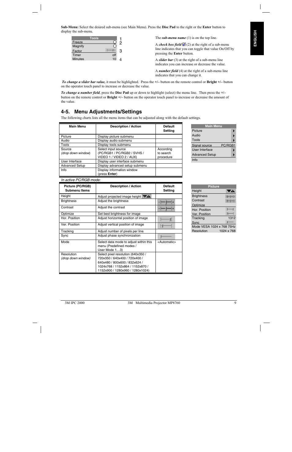 5. menu adjustments/settings, 5. m, Djustments | Ettings | 3M MP8760 User Manual | Page 14 / 35