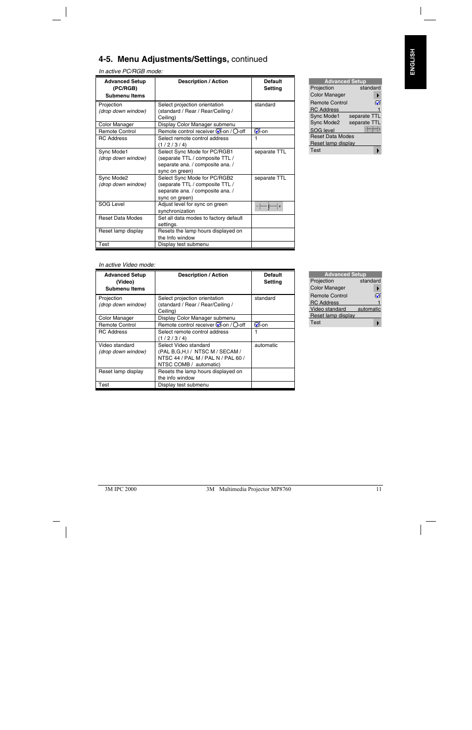 5. menu adjustments/settings, continued | 3M MP8760 User Manual | Page 16 / 35