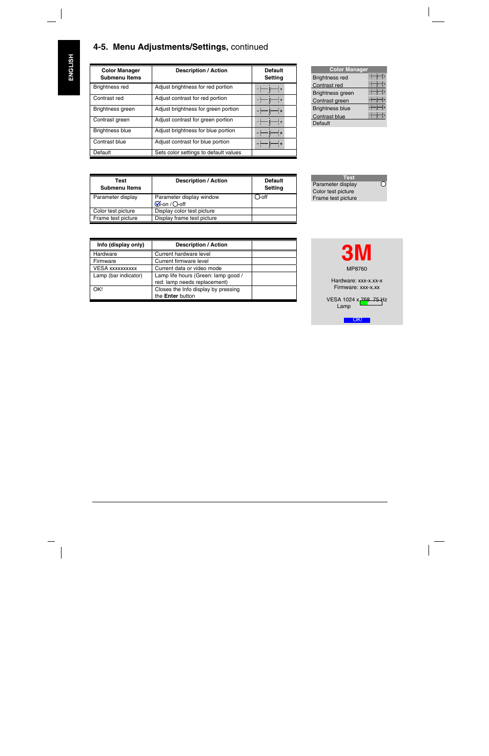 5. menu adjustments/settings, continued | 3M MP8760 User Manual | Page 17 / 35