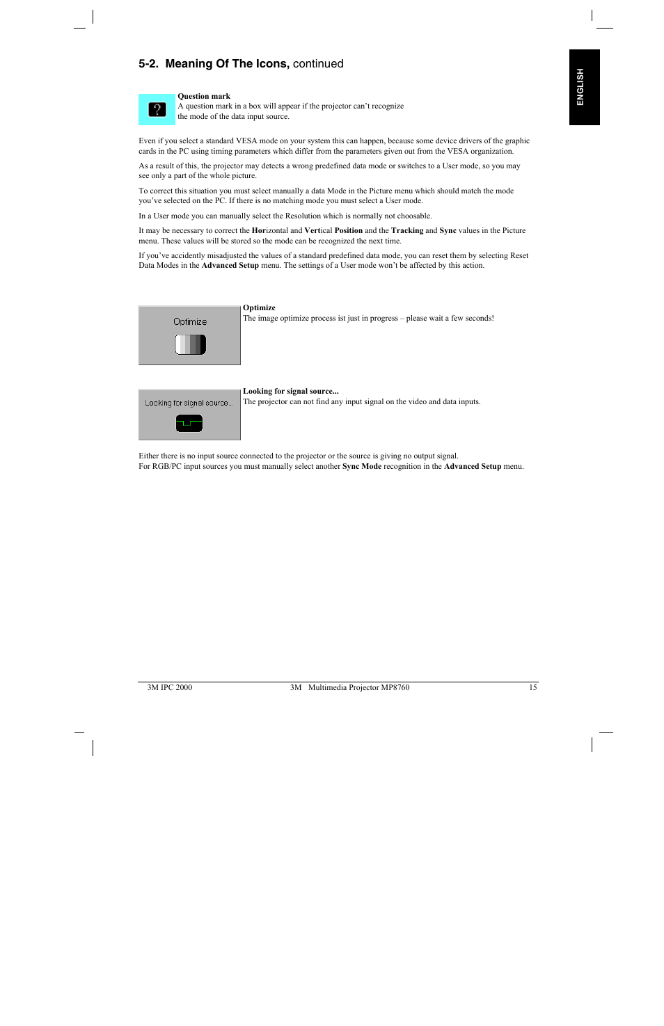 2. meaning of the icons, continued | 3M MP8760 User Manual | Page 20 / 35