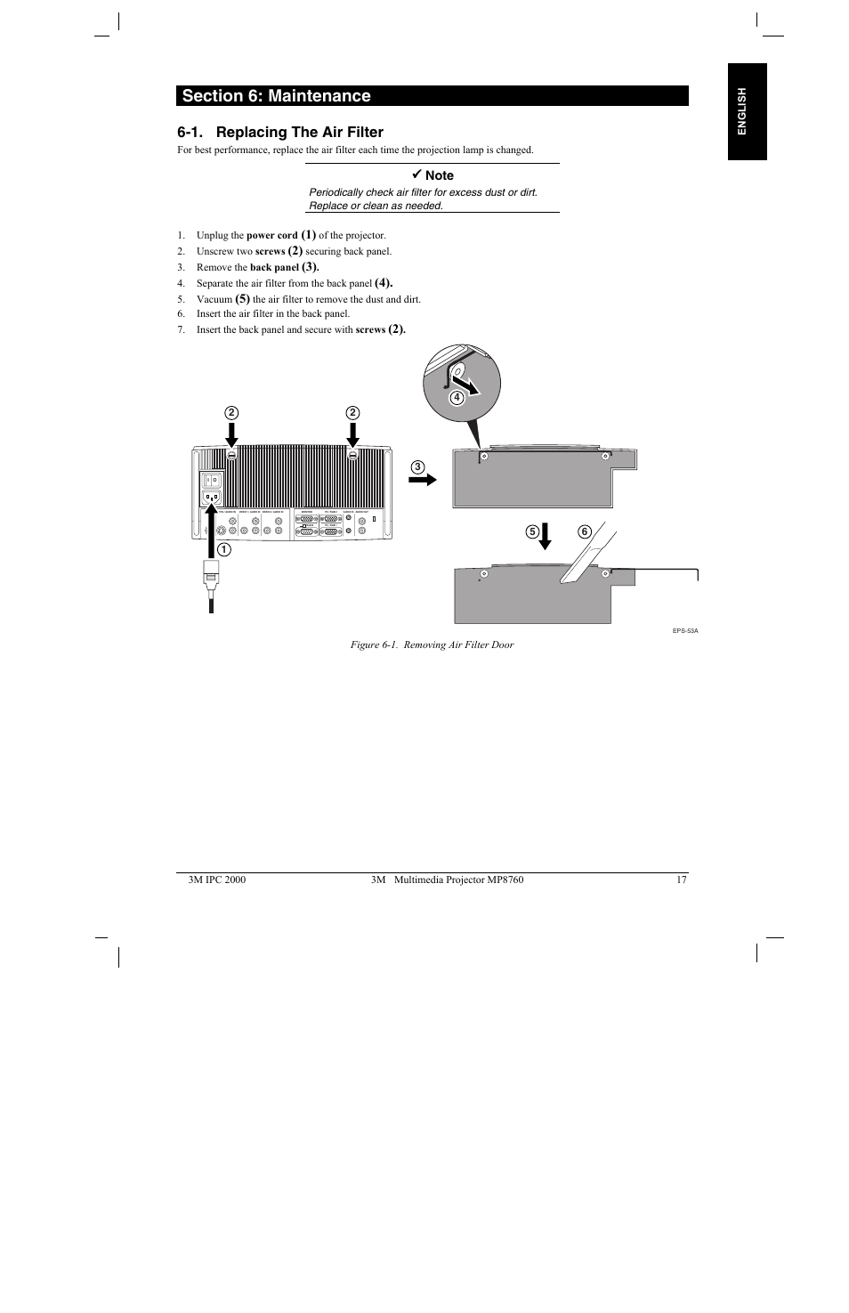Section 6: maintenance, 1. replacing the air filter, 1. r | Eplacing, Ilter | 3M MP8760 User Manual | Page 22 / 35