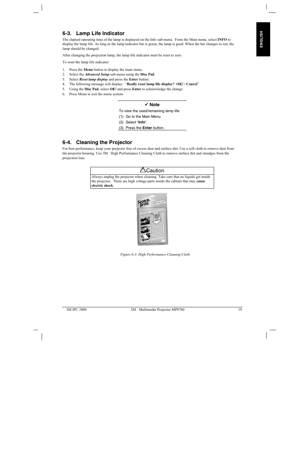 3. lamp life indicator, 4. cleaning the projector, 3. l | Ndicator, 4. c, Leaning the, Rojector, Caution | 3M MP8760 User Manual | Page 24 / 35