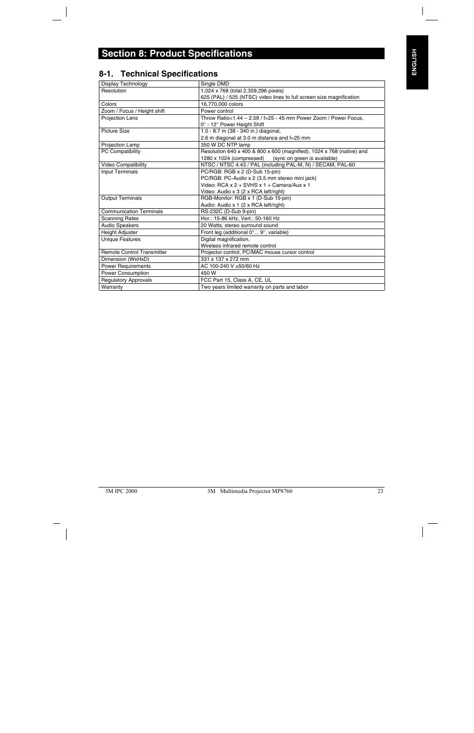 Section 8: product specifications, 1. technical specifications, 1. t | Echnical, Pecifications | 3M MP8760 User Manual | Page 28 / 35