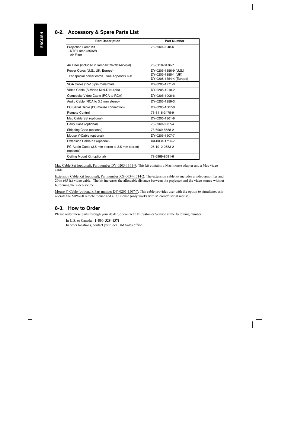 2. accessory & spare parts list, 3. how to order, 2. a | Ccessory, Pare, Arts, 3. h, Ow to, Rder | 3M MP8760 User Manual | Page 29 / 35