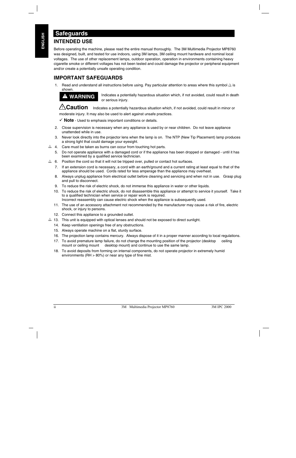 Safeguards, Caution, Warning | Intended use, Important safeguards | 3M MP8760 User Manual | Page 3 / 35