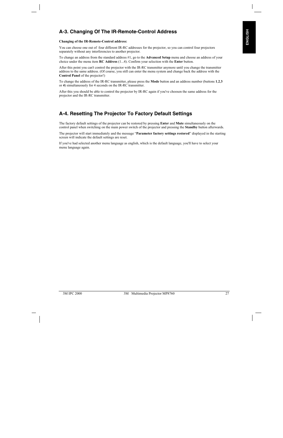 A-3. changing of the ir-remote-control address | 3M MP8760 User Manual | Page 32 / 35