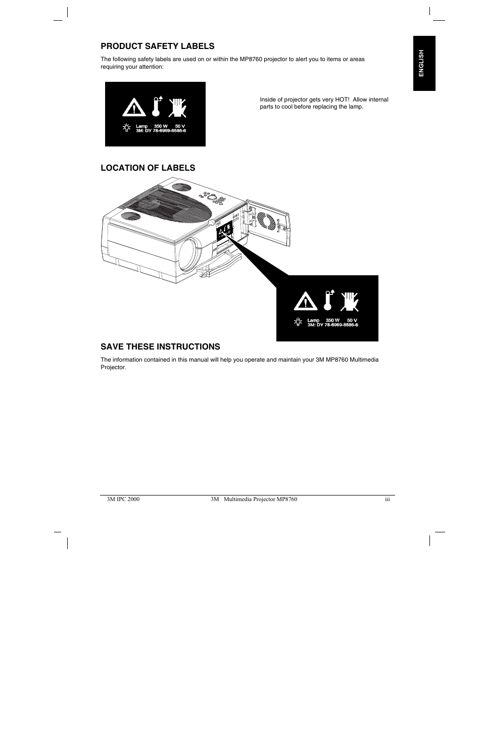 Product safety labels, Location of labels save these instructions | 3M MP8760 User Manual | Page 4 / 35