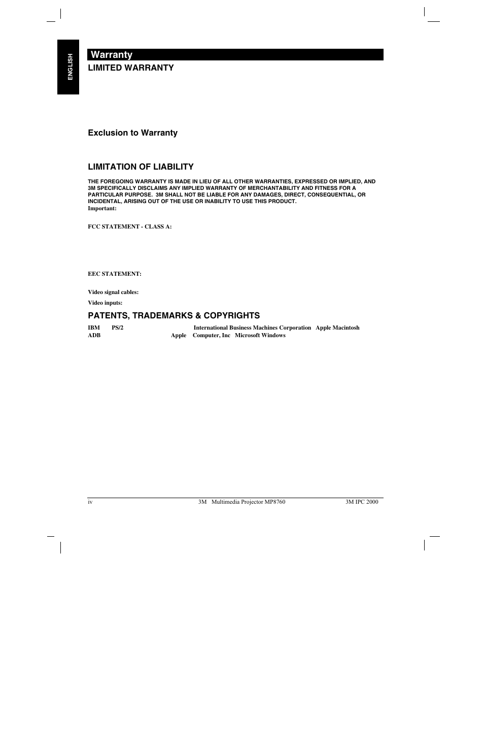 Warranty, Limited warranty, Exclusion to warranty | Limitation of liability, Patents, trademarks & copyrights | 3M MP8760 User Manual | Page 5 / 35