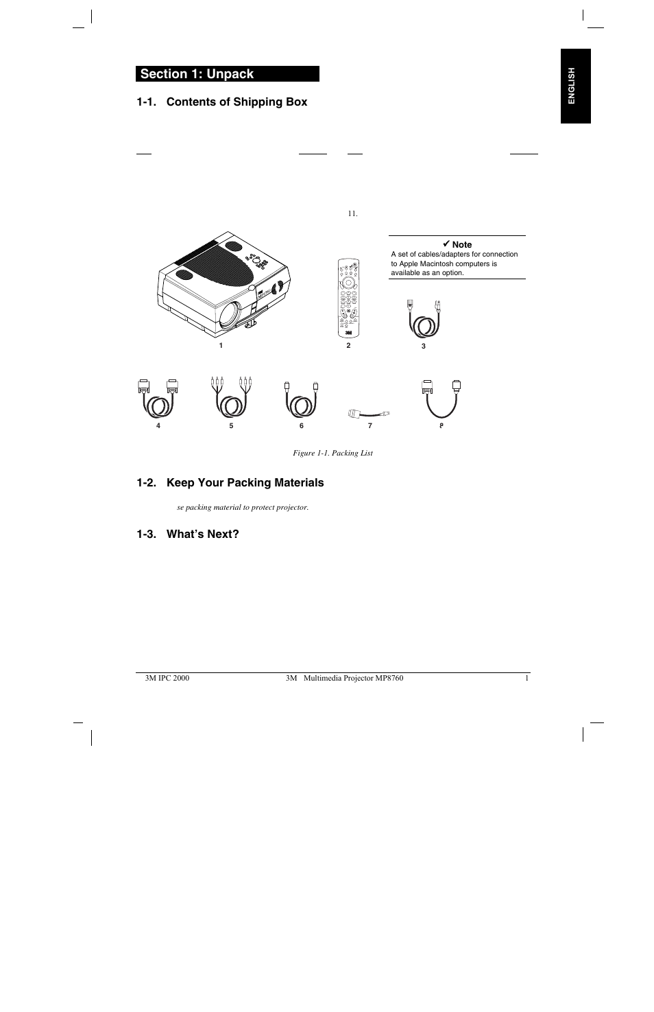 Section 1: unpack, 1. contents of shipping box, 2. keep your packing materials | 3. what’s next, 1. c, Ontents of, Hipping, 2. k, Acking, Aterials | 3M MP8760 User Manual | Page 6 / 35